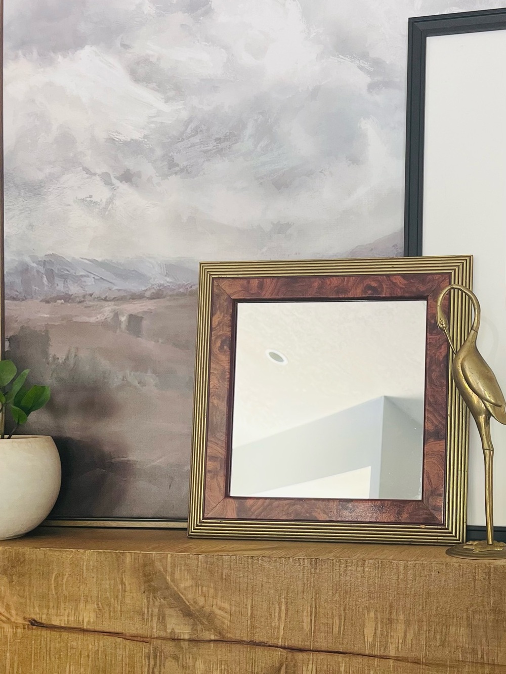 Vintage Faux Burl Wood Gold Reeded Square Mirror Hollywood Regency Vanity